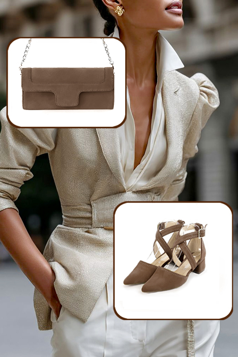 Dress heels closed-back crossed straps in chocolate brown leather with low flare heels and tapered toe - Worn view